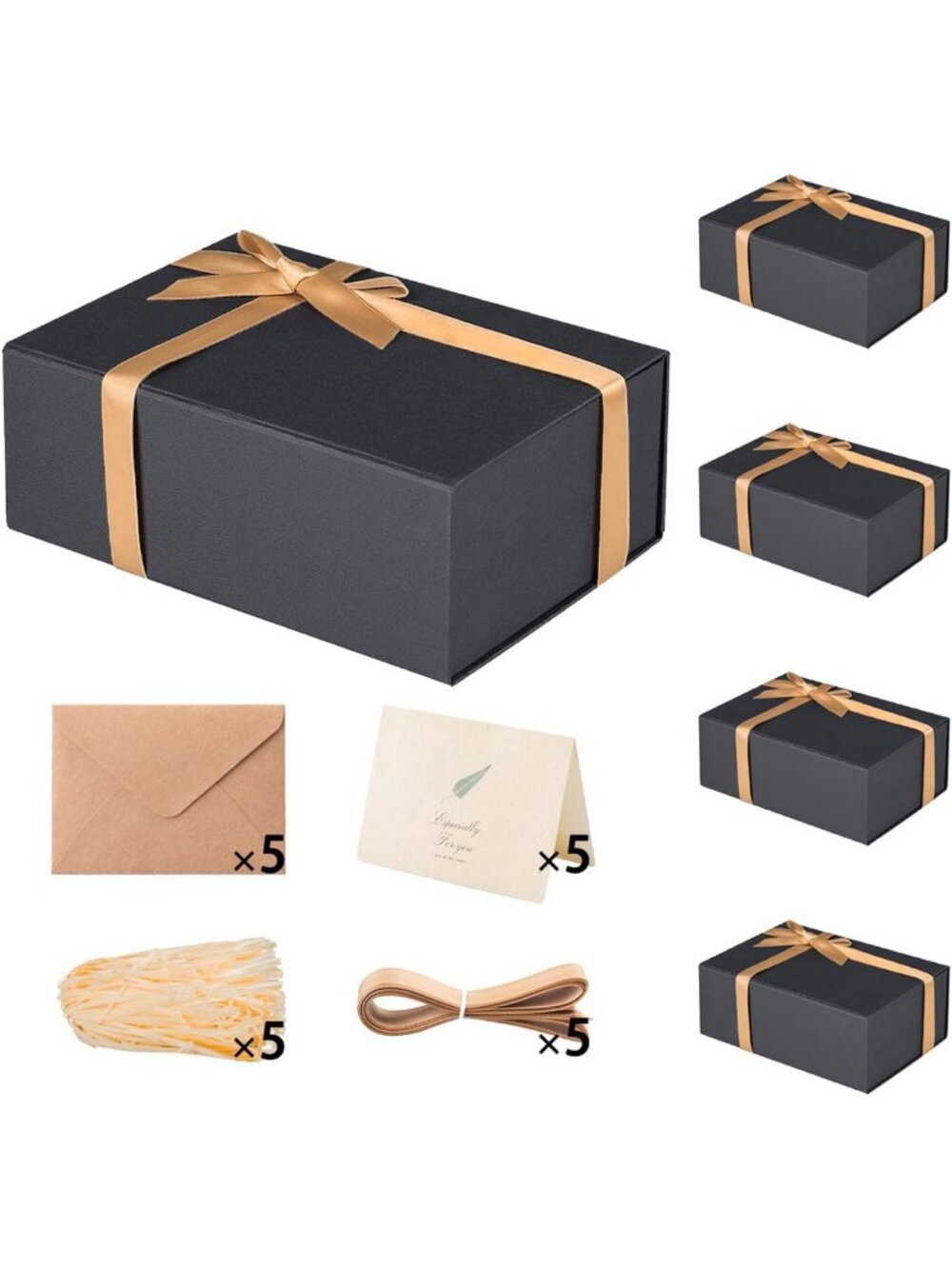 Bulk 5 Pack Black Magnetic Gift Boxes 13.5x10x4" with Ribbon, Cards & Filler